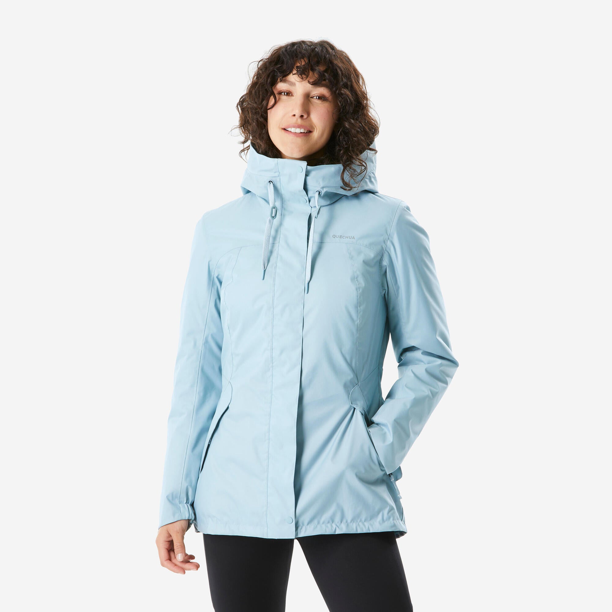 quechua-nh500-winterjacke-damen-hellgrau-blau-wasserdicht image 1