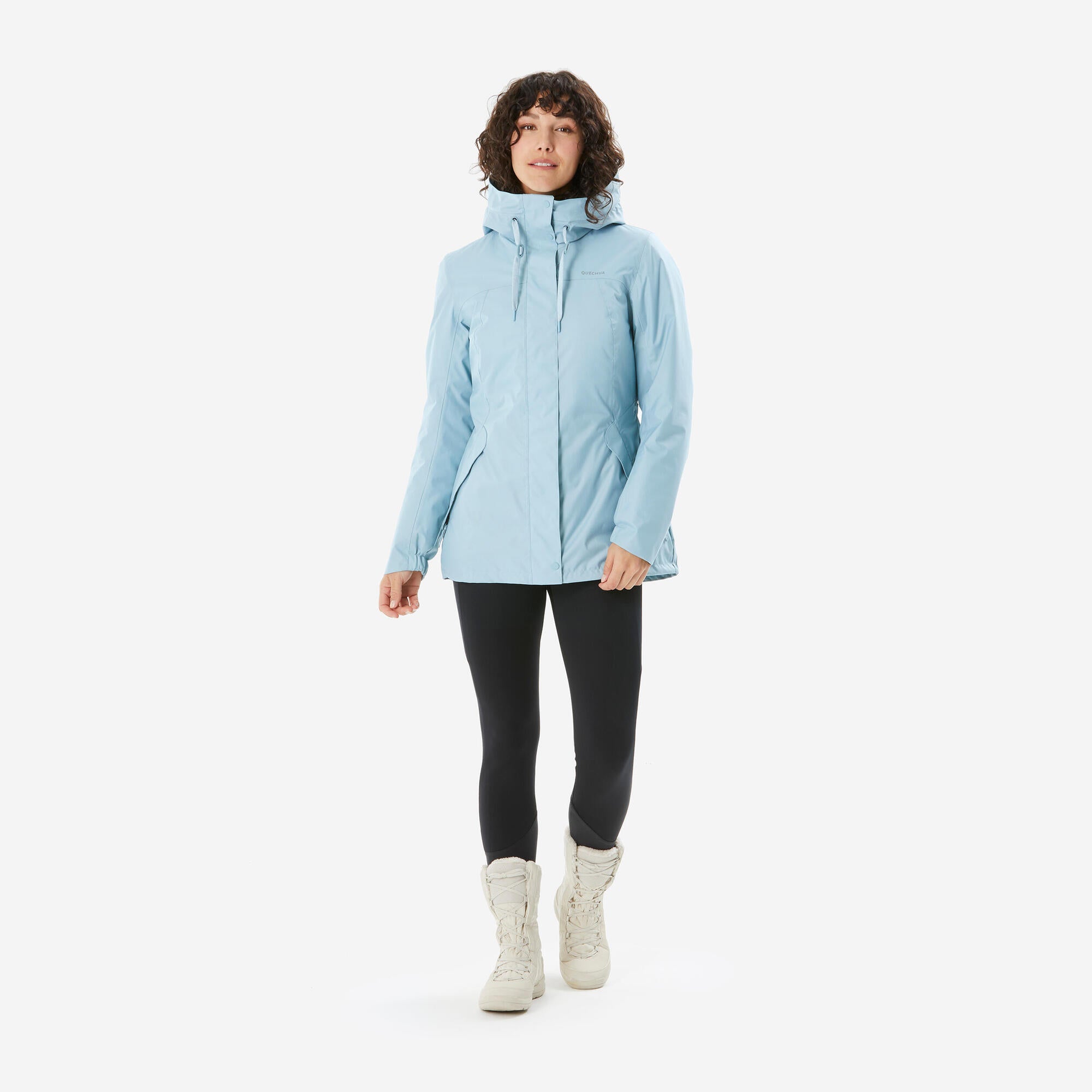 quechua-nh500-winterjacke-damen-hellgrau-blau-wasserdicht image 2